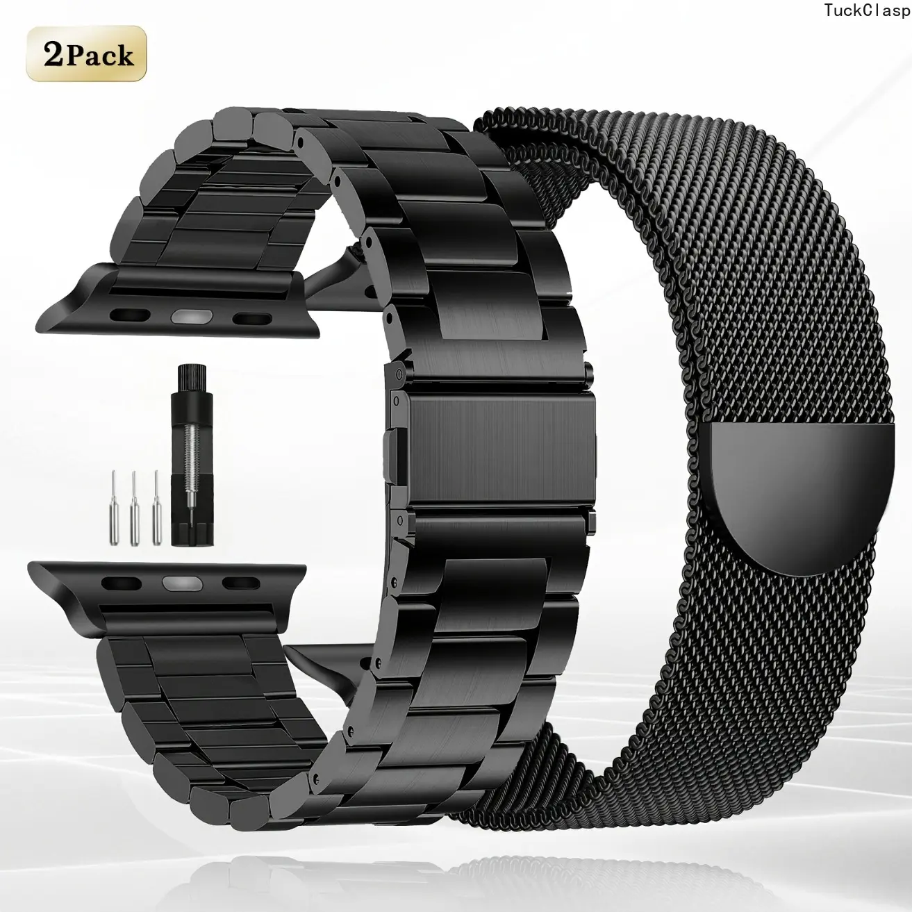 2 Pack Watch Band Compatible with Apple Watch Stainless Steel Mesh Strap, Expandable Buckle Metal Suitable for Series 11/10/9/8/7/6/5/4/3/2/1, SE, Ultra, 38mm/40mm/41mm/42mm/44mm/45mm/46mm Case-Fitting for Men & Women