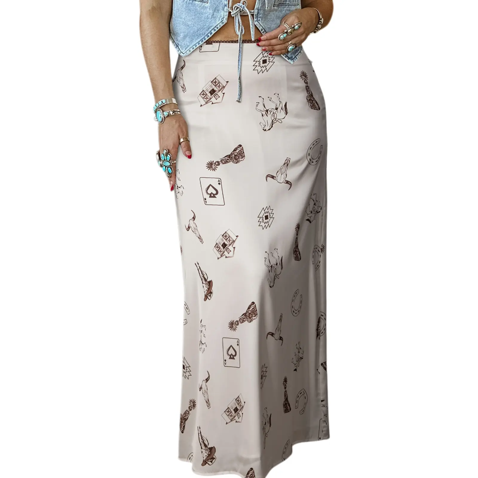 Asvivid Women's Retro Western Print Maxi Skirt Vintage Cowgirl Bottom Four Seasons Casual Cute Skirts for Daily & Vacation Womenswear#DealsForYouDays