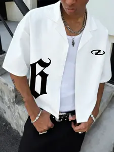 Men's Loose Fit Short Sleeve Cuban Shirt, Button Front Shirt, Gothic Style Streetwear, Gothic Influence, Letter Pattern, Casual Summer Top, American High Street Fashion, Graphic Shirt