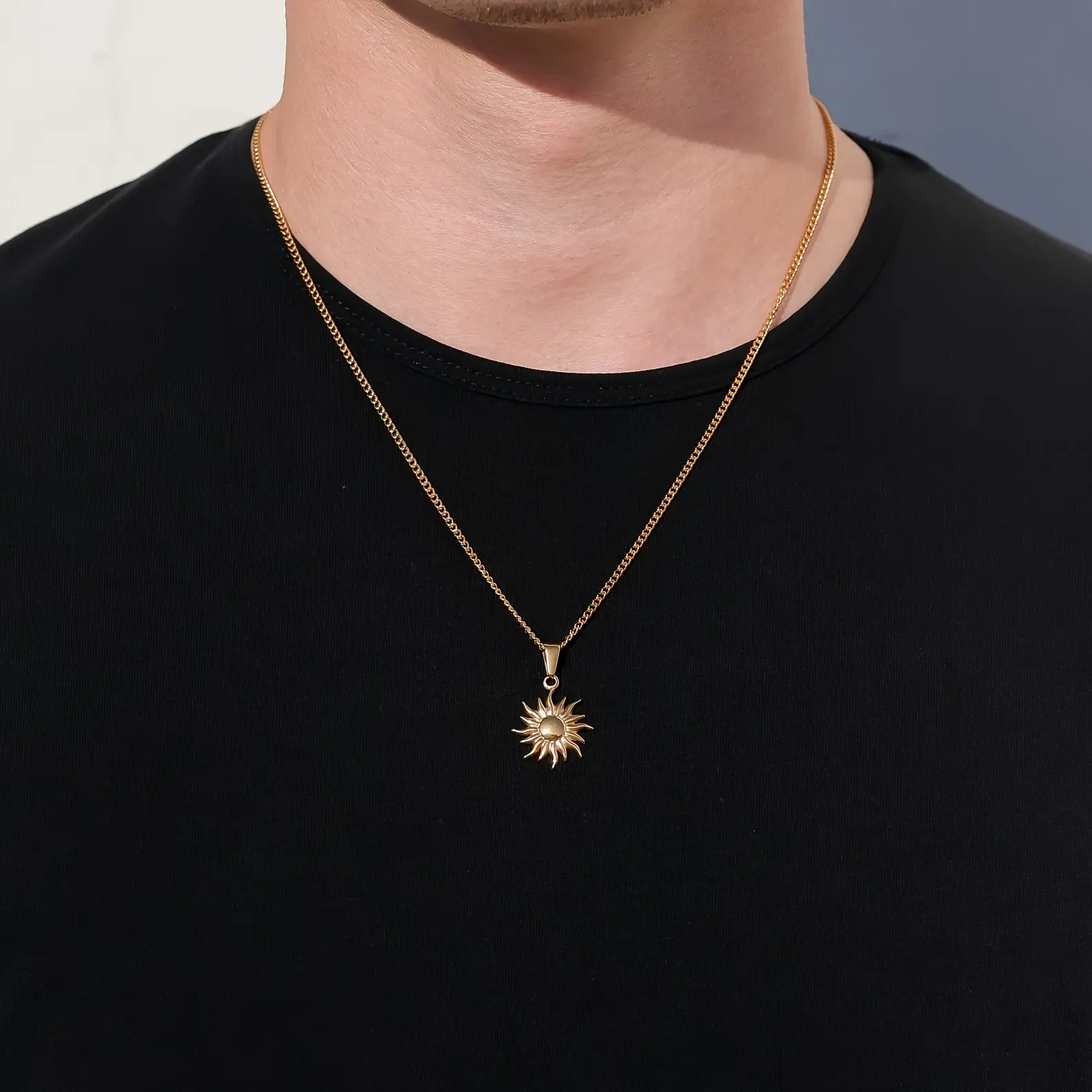 ASCOMY Sunburst Pendant Necklace for Men, 14K Gold Plated / Silver Sun Chain, Waterproof Boho Everyday Jewelry