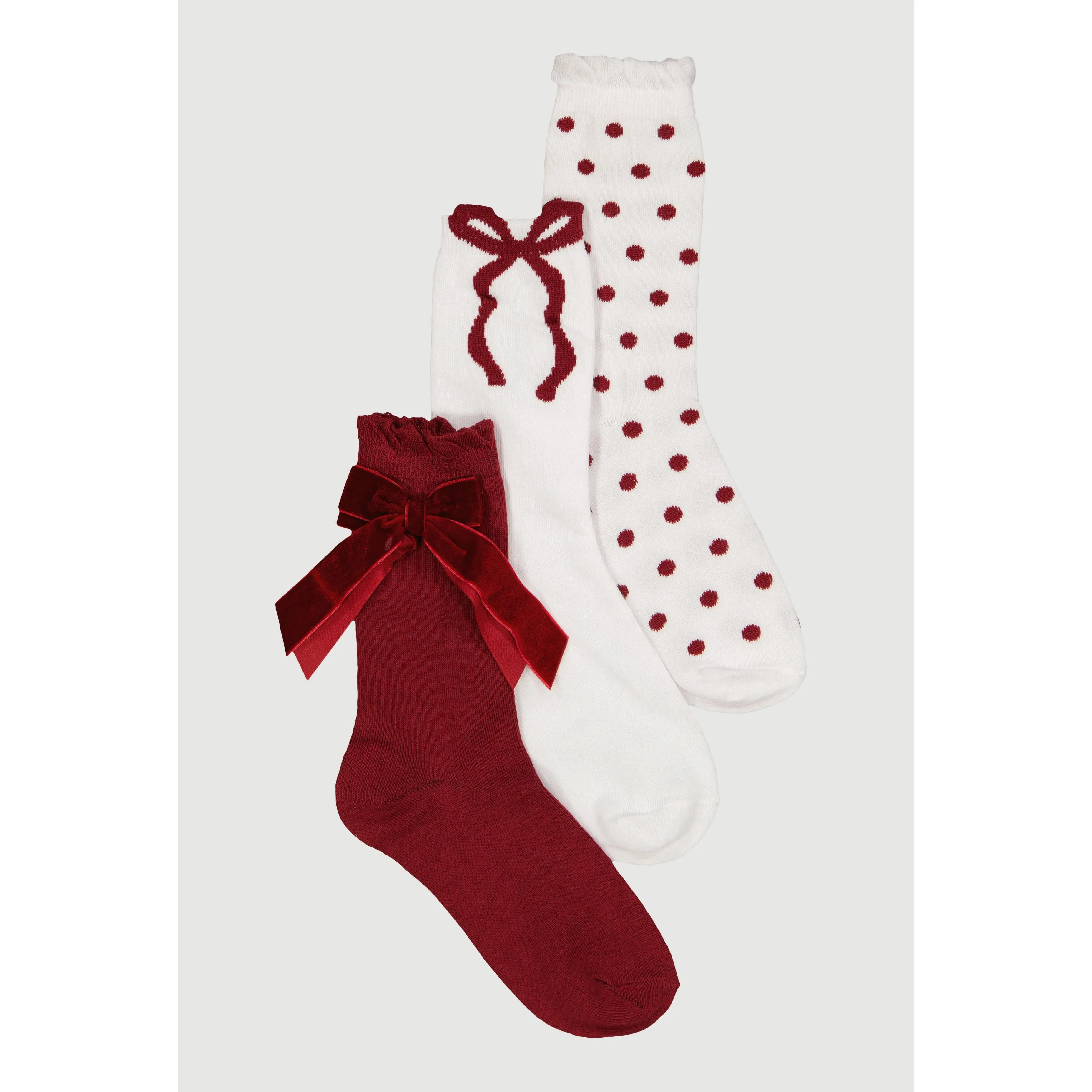 Velvet Bow Crew Socks 3 Pack Size 9-11