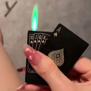 [Windproof Metal Lighter] Windproof Metal Playing Card Lighter with Green Flame - Butane Jet Light for Indoor & Outdoor Use, Perfect for BBQ, Candles, and Gifts (Butane Gas Not Included)