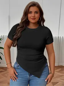 Plus Size Solid Color Asymmetrical Hem Tee, Casual Short Sleeve T-Shirt for Summer, Women's Plus Clothing for Daily Wear, Womenswear