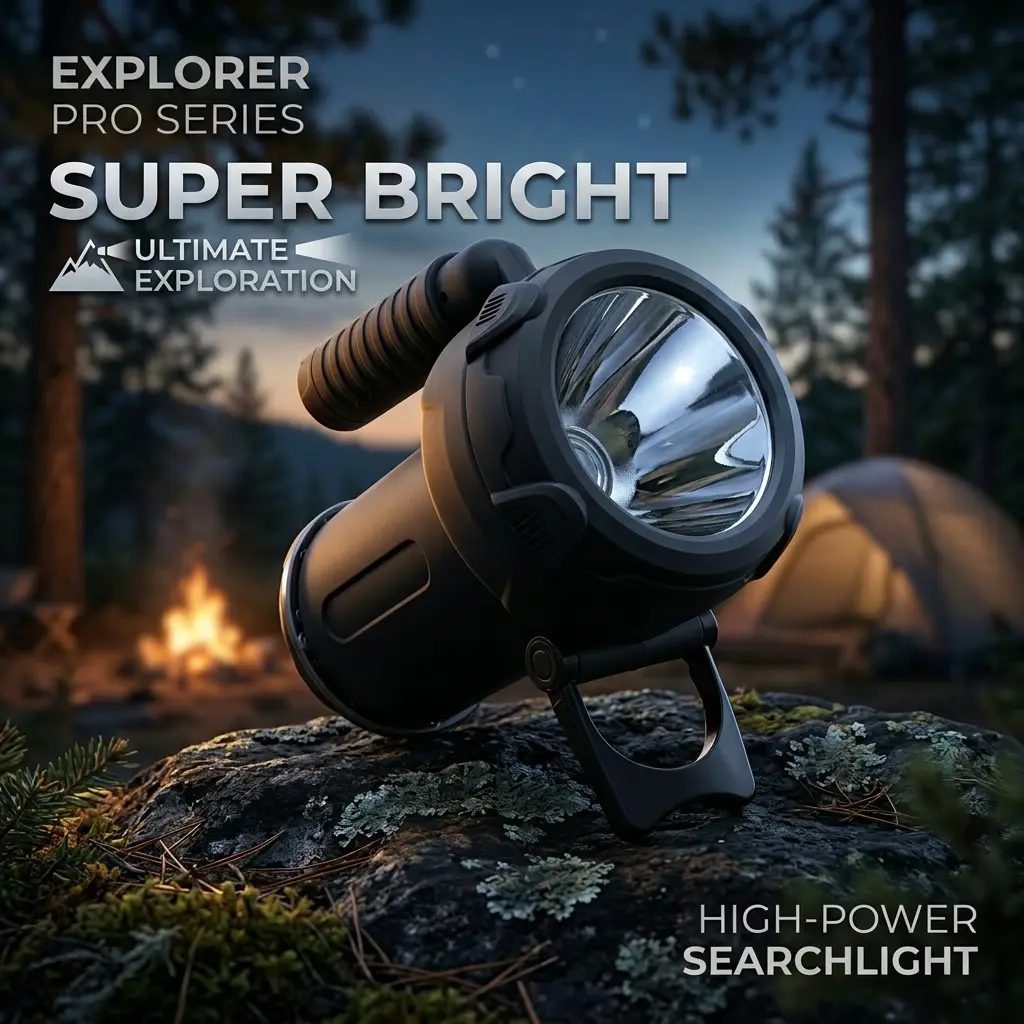 Explorer Pro Series Super Bright Rechargeable LED Searchlight - Handheld Portable Torch with Extendable Lamp, Super Bright Large-Aperture Beam, Built-In Batteries, Dual Power Options, 12-Month Warranty for Camping, Emergency Use