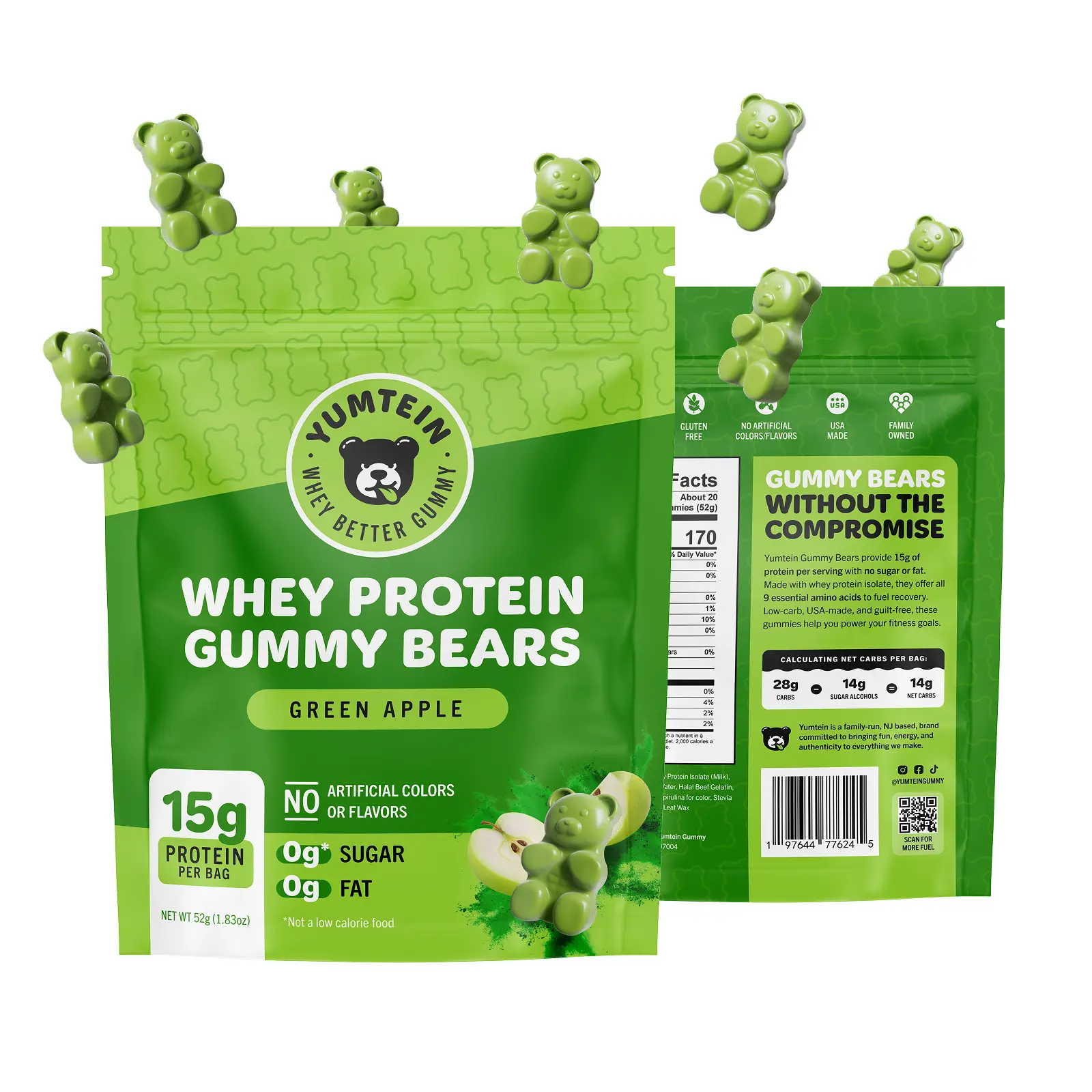 Yumtein Protein Gummy Bears - 15g Protein, 0g Sugar, 0g Fat - Halal Beef Gelatin - Natural Colors - Green Apple (170 Cal)