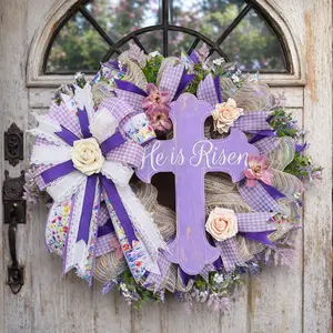 He Is Risen Cross Wreath, Purple Christian Easter Door Decor