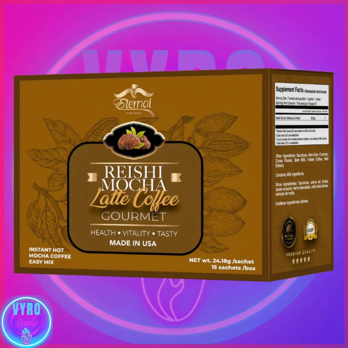 Eternal Reishi Mocha Latte Gourmet Mushroom Coffee Natural Beverage Organic Flavor Taffy instant coffee