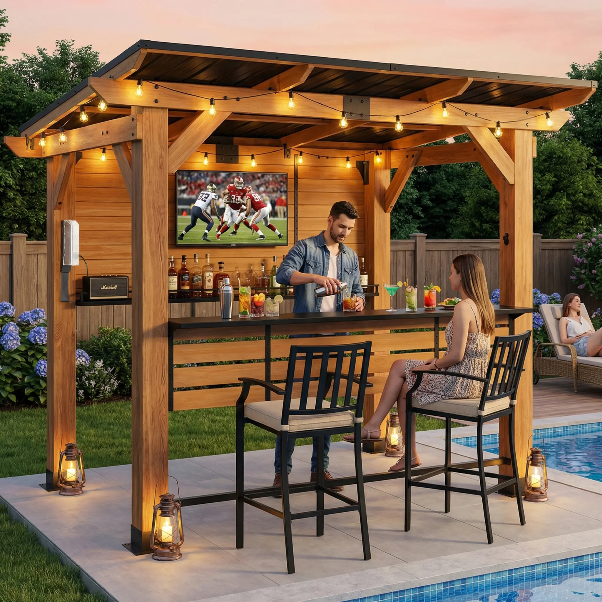 CHARMELEON 6x8 FT Solid Cedar Outdoor Patio Furniture, All-In-2 Outdoor Entertainment Hub with Metal TV Mount, Serving Bar, Paper Towel Holder, Bottle Opener, Pre-Drilled for Grill, Rectangular Natural Finish Unit for Metal Gazebos Arbours, Garden