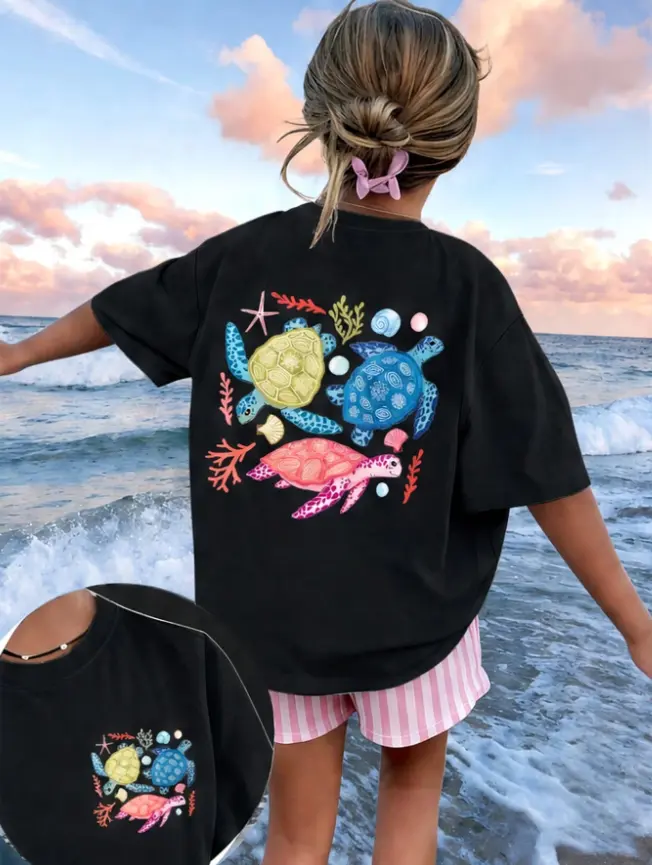 Women's Summer Oversized Cotton Tee - Round Neck, Baggy Comfortable Piece, Front-Back Double Prints of Sea Turtle, Coral, Starfish, Ocean Watercolor, for Island Vacation Coastal Outfits, Soft Breathable Heat Transfer, Top, Tshirt