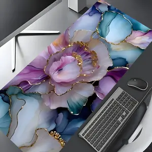 Gilded Blue Floral Ink Art Large Gaming Mouse Pad, Washable Rubber Extended Desk Mat with Non-Slip Base, Girly Aesthetic Home Office Decor, Mouse Pads for Desk, Christian Gifts for Women, Keyboard Mouse Pad, Deskmat