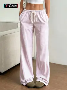 Women's Striped Print Woven Fabric Adjustable Drawstring Pants, Casual Comfy Trousers for Daily Wear, Ladies Bottoms for Spring