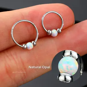 OUFER Body Jewelry 20G Unisex Opal Jewelry Hinged Segment Nostril Hoop - 316L Solid Metal, Smooth Polish, Semiprecious Opal Ball, 8mm-10mm Inner Diameter Nose Ring