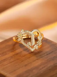 Fashion Letter Design Hollow Out Heart Open Ring, with Flower Decor, Elegant Adjustable Ring for Women & Girls, Casual Jewelry for Party, Daily Clothing Decor, Alphabet Design Ring