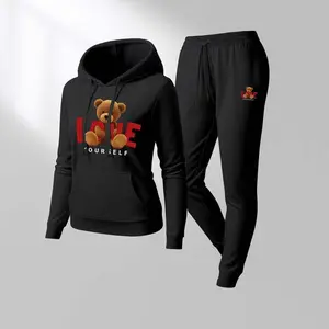 Women's Love Bear Print Hoodie And Drawstring Track Pants Set, Casual Sportswear, Long-Sleeved Hooded Jacket And Pants, Suitable For Autumn And Winter, Everyday Wear, Indoor And Outdoor Sportswear, Casual Sportswear.