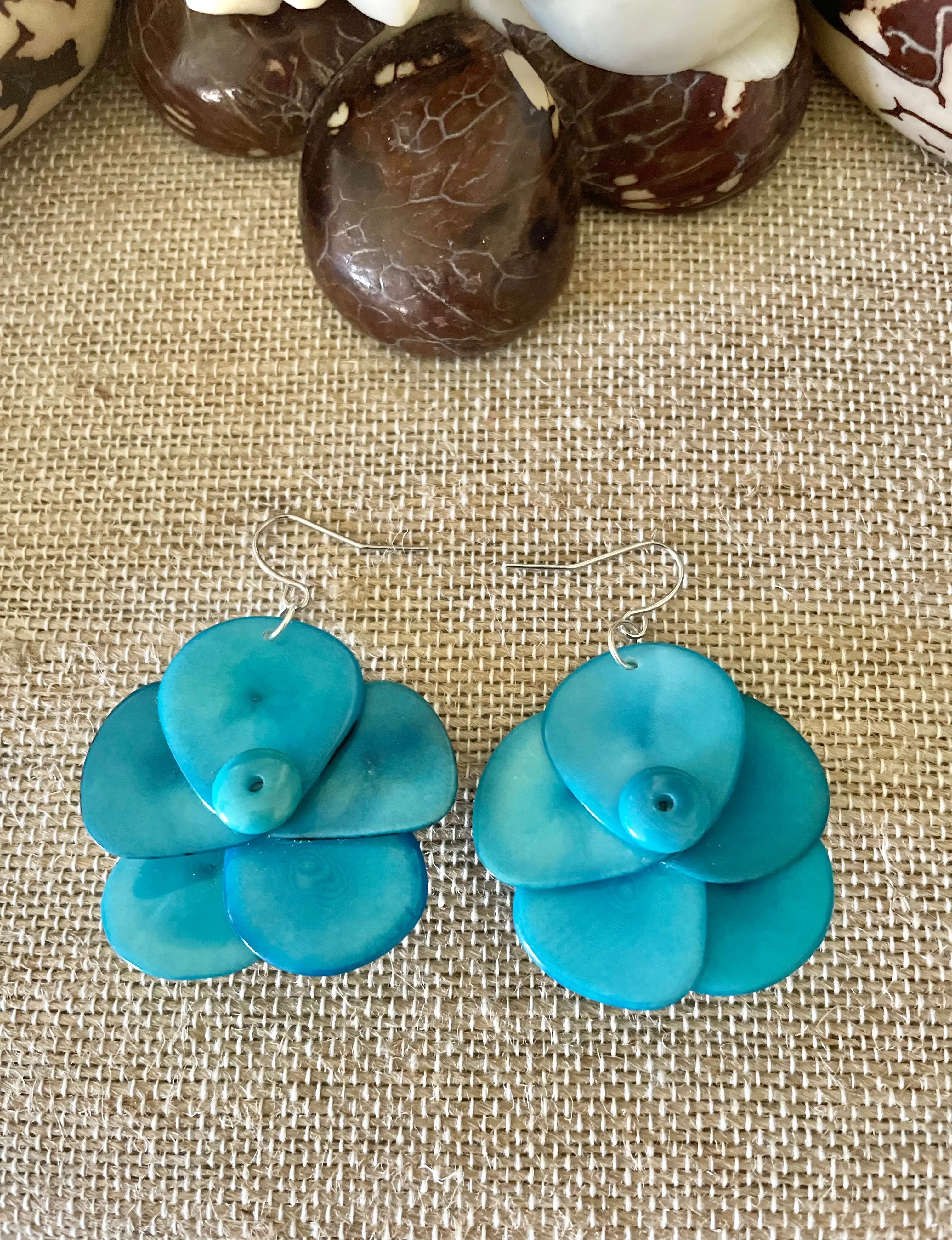 Turquoise Rose Tagua Earrings