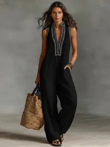 Women's Linen Blend Sleeveless Jumpsuit with Zipper – Stand Collar Casual Summer Vacation Outfit， Fabric Fashion