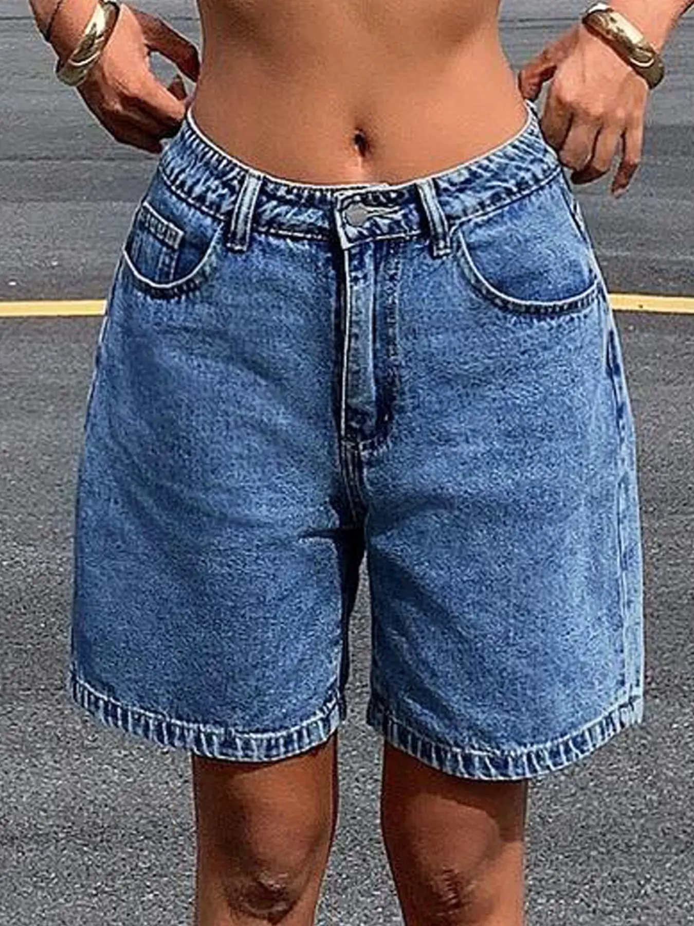 Women's Vintage Washed Wide Leg Jeans Shorts Pocket, Loose-Fit Denim Midi Pants, Versatility for Spring & Summer, American Style