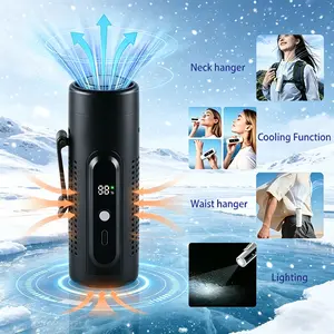 Portable USB fan with cooling function. 20000RPM brushless motor, 5000mAh ultra-long battery life, LED light, 5 wind speed settings. Can be clipped to a belt, neck, or desktop. Suitable for indoor and outdoor construction sites, camping trips, etc.