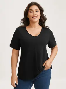 BloomChic Plus Size Women's Cotton T-Shirt  [M-6X]  with V-Neck and Short Sleeve Basic Style, Regular-Fit,  Minimalist Casual/Office Top Womens Everyday Essential summervibes Shortsleeve Swimweek