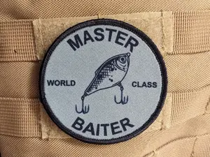 Master baiter fishing joke meme 3" circle removable morale patch with hook and loop backing
