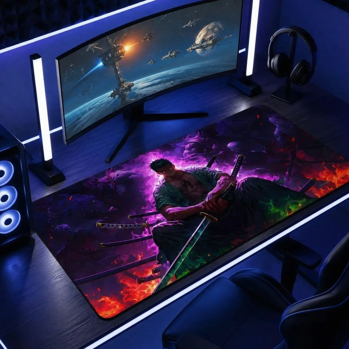 Anime Mouse Pad | One Piece Roronoa Zoro | Epic Purple Samurai Gaming Desk Mat