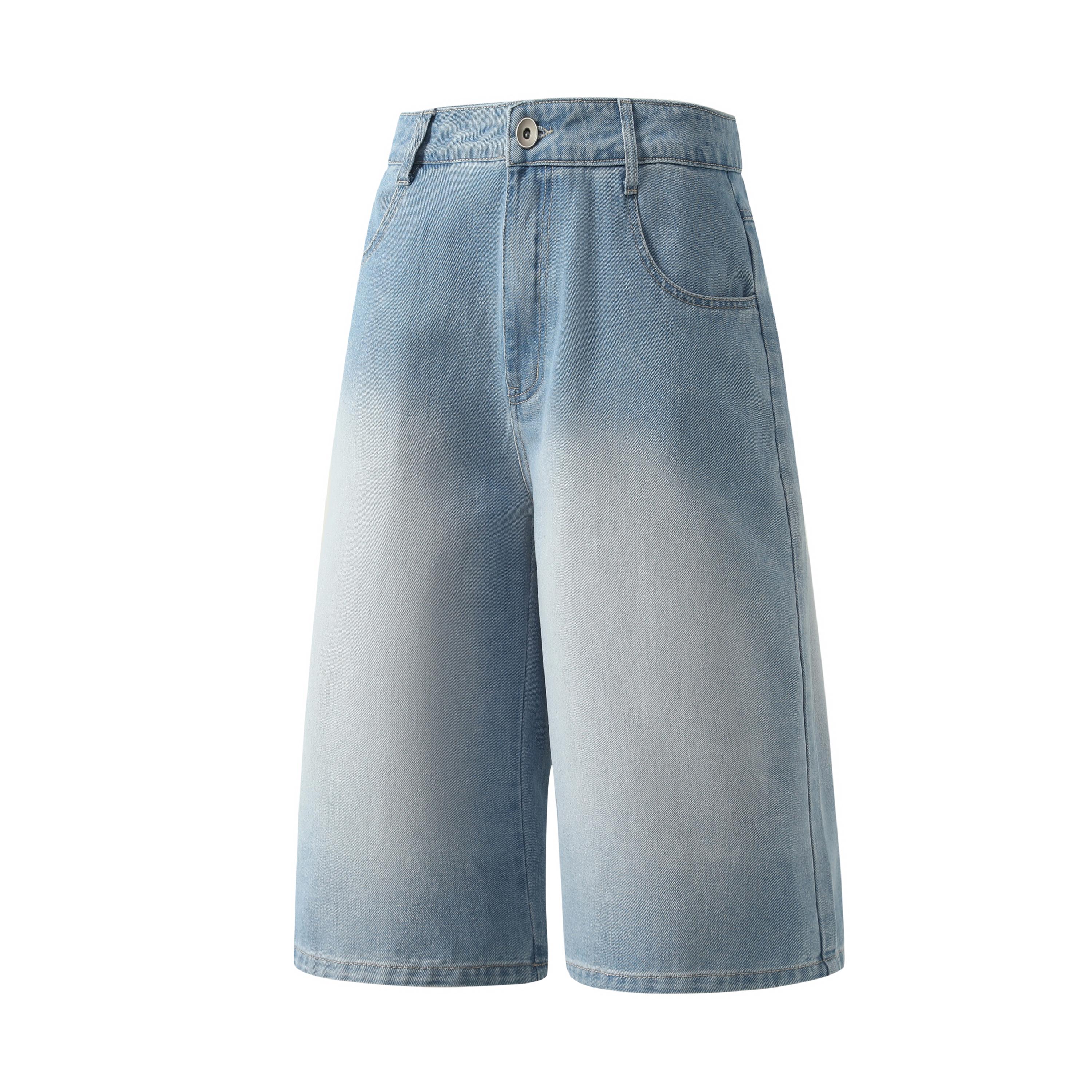 3-piece set of multi-color vintage washed wide-leg knee-length denim shorts made from cotton fabric; loose draping design, high-waisted relaxed fit, streetwear style. Suitable for summer daily wear, strolling, skateboarding, beach trips, and outings. Fash