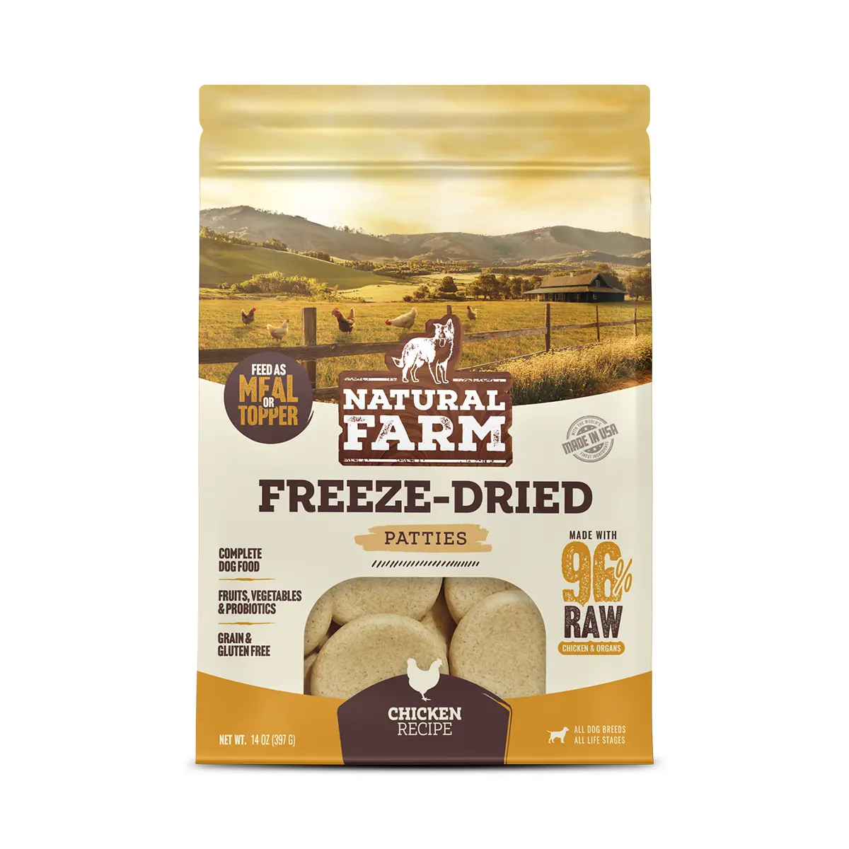 Natural Farm Freeze-Dried Chicken Patties Dog Food, 14-oz Bag - 96% Raw Chicken & Organs, Grain-Free, Gluten-Free, Probiotics-Enhanced, Fruit-Infused, Fenugreek-Added, Vitamins-Rich, Potassium Chloride-Included, All Life Stages, Made in US, High Protein M