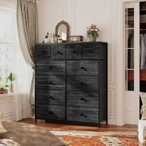 Raybee Furniture Dresser with 12 Drawers, Wooden Top Metal Frame Fabric Storage Organizer Cabinet, Tall Dressers for Girls Bedroom, Living Room, Hallway, Closet