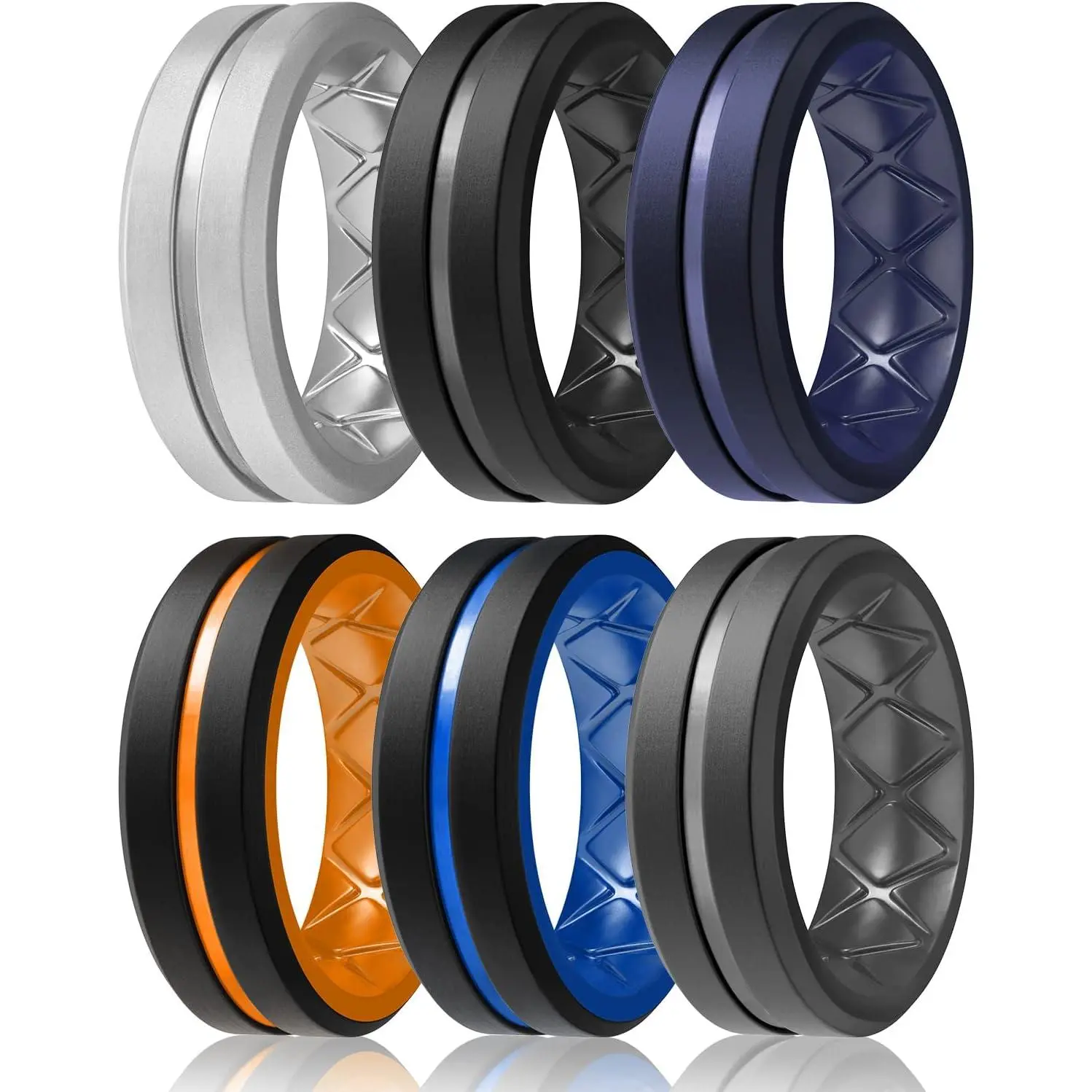 Men's Silicone Marriage Ring Multipack - 8mm Multi-Colored Male Jewelry Rings Set, Durable, Ergonomic, Breathable, Hypoallergenic with Airflow Circuit, Antifreeze for Sports, Strength Training, Lifting, Father's Day Gift