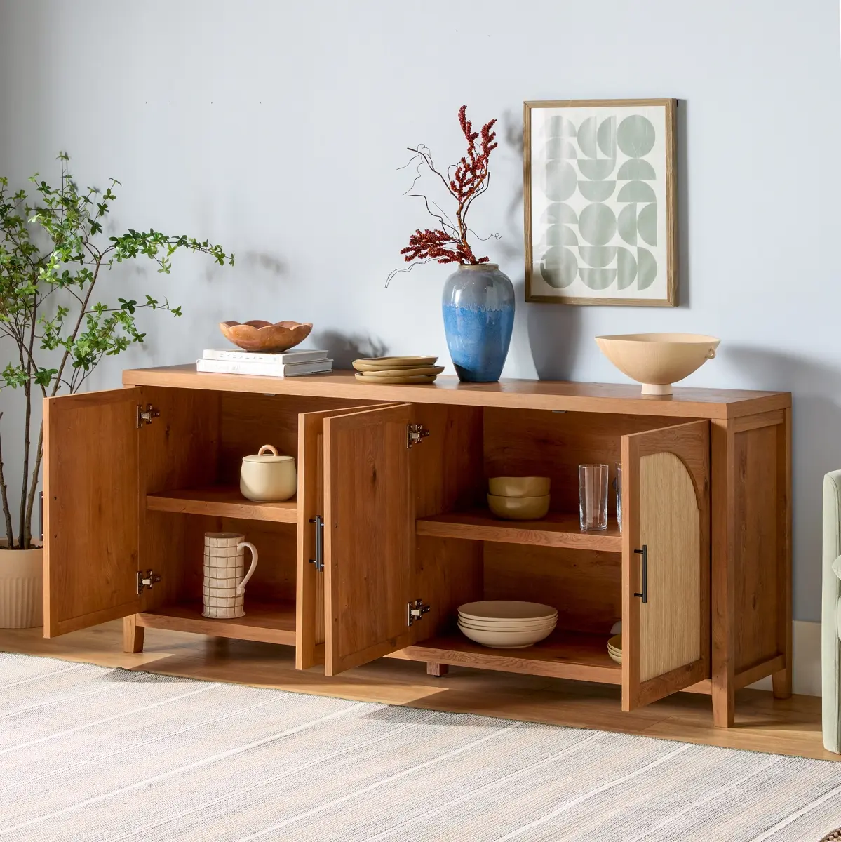 Walker Edison Sasha Modern Reeded Full Height Double Door Arch-Shaped Curved Grooved Sideboard, WESAS11704EO1, 30x15.75x70 in, English Oak Indoor Cabinet, Arch-Shaped Sideboards, Curved Sideboards