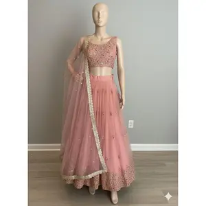 Pastel Pink Embroidered Net Lehenga Set | Serene Fashions