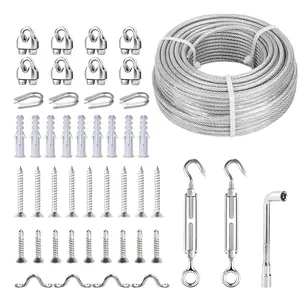 3/16 Wire Rope Kit, 100ft Vinyl Coated Galvanized Steel Cable with M5 Turnbuckles for Cables Wire, Rope Clamp & Thimble, 7X7 Strand Aircraft Cable for Clotheslines, Shade Sail, Decking Railing