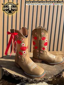 419 Ladies Cowgirl Square Toe Boots Red Bun & Flowers Genuine Leather / Botas de vaquera de punta cuadrada para mujer, moño rojo y flores Piel Genuina