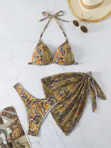 Three-Piece Set Women's Paisley Print Ethnic Pattern Bikini Set, Casual Halter Triangle Swim Bra & High Cut Thong & Cover Up Skirt Bikinis, Bathing Suits 2024 for Women, Women's Swimsuit for Beach, Bikini Beach Wear, Halter Neck Bikini, Tie Back Bikini