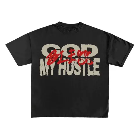 God Bless My Hustle Print Short Sleeve T-Shirt Fabric Menswear Top Man Tshirt Streetwear Crewneck Shortsleeve Casual