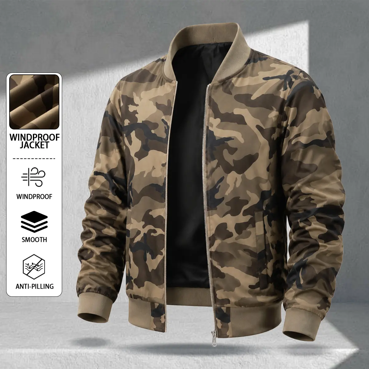 Men’s camouflage baseball-collar jacket, casual aviator top for spring/autumn, trendy versatile windproof workwear jacket, retro American-style jacket shirt