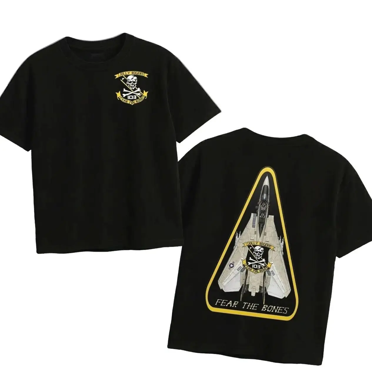 Jolly Rogers VF-103 Graphic Tee for Men, US Navy Strike Fighter Squadron T-Shirt, F-14 Tomcat Aviation Apparel, Fear The Bones Military Veteran Top, Casual Black Short Sleeve Everyday Mens Shirt, Tactical Streetwear 3