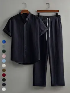 Two-piece Set Men's Solid Textured Button Shortsleeve Shirt & Tie Front Pants Loungewear, Regular Fit Casual Comfy Short Sleeve Collared Top & Trousers Pj Set, Men's Sleepwear for Summer, Soft Fabric Menswear, Homewear, Pajamas
