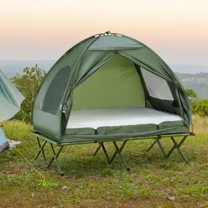 2-Person Tent Cot 4-in-1 Elevated Camping Bed Combo with Air Mattress Bed Cover Foot Pump Hygienic Comfortable Quick Fold Easy Rolling Transport