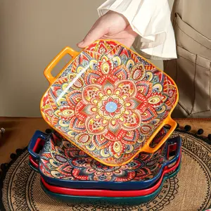 2Pcs/4Pcs Bohemian Ceramic Double Handle Square Plates, Dessert & Salad Serving Plates, Dishwasher & Microwave Safe, Perfect for Holidays