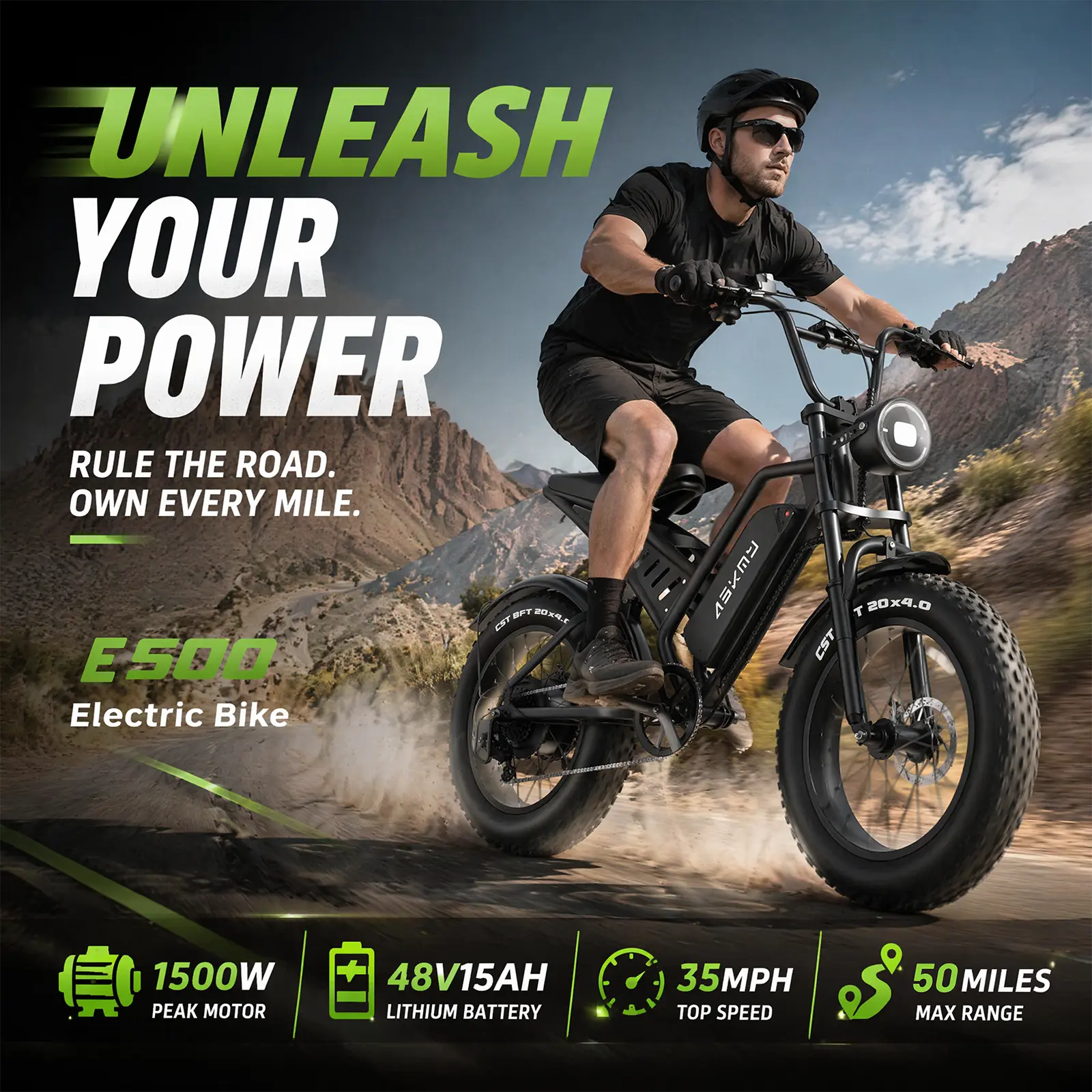 ASKMY E500 All-Terrain Electric Bike for Adults | 1500W Peak Motor | 48V 15Ah Battery | Up to 35MPH | UL 2849 Certified | 20"x4.0" Fat Tires | Dual Suspension | Built for City Streets & Mountain Trails Fathersdaygift Bicycle