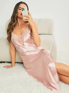 Light Lace Satin Cami Dress, Deep V Neck High Slit, Slim-Fitting, Silky Touch, Perfect for Dates & Parties