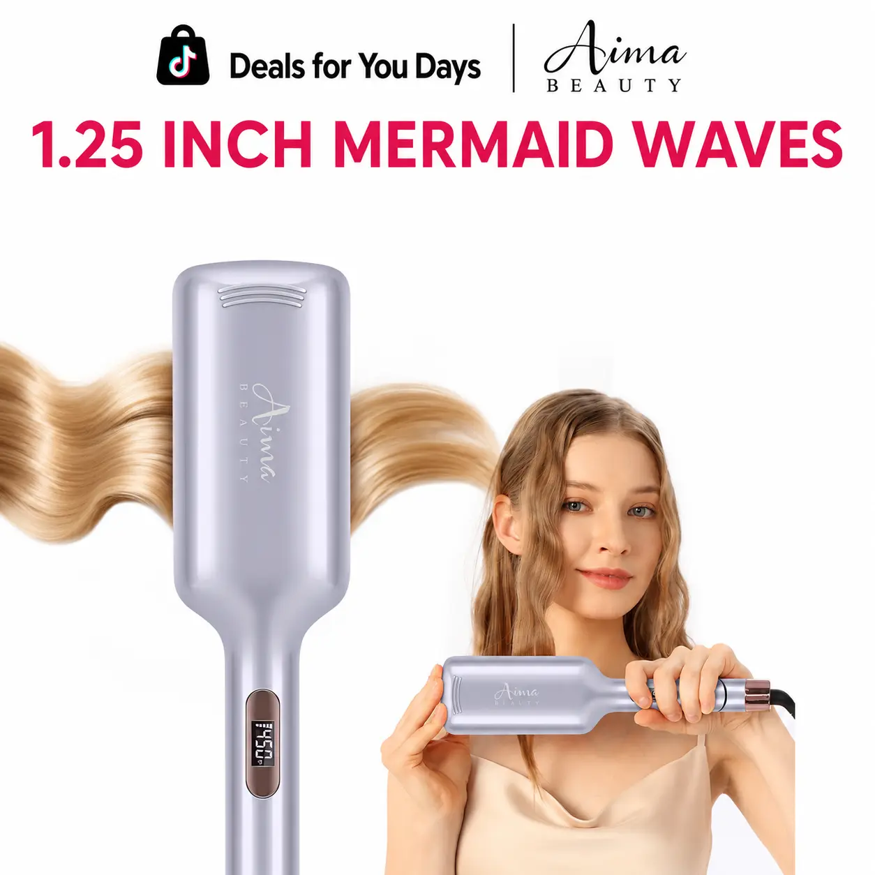 Aima Beauty 1.25 Inch Beach Waves,Compact Wave Curling Iron for Easy Comfort Styling hairwaver,Travel Curling Hair Tools with Adjustable Temperature for Women Loose Wave Effortless Easy to Use  Hair Crimper, Gift for Women, Female Friends Curling Wand