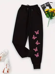 Women's Casual Sporty Pants, Butterfly Pattern Printed Sweatpants, Drawstring Trendy Workwear, Loose-Fitting Joggers for All Seasons, Casual Sports Trousers