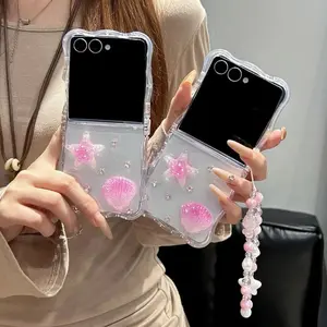 Clear Glitter Conch Shell Starfish Cute Phone Case For Samsung Galaxy Z Flip 7 6 5 4 3 ZFlip6 Flip7 Cover with Chain Kawaii Capa
