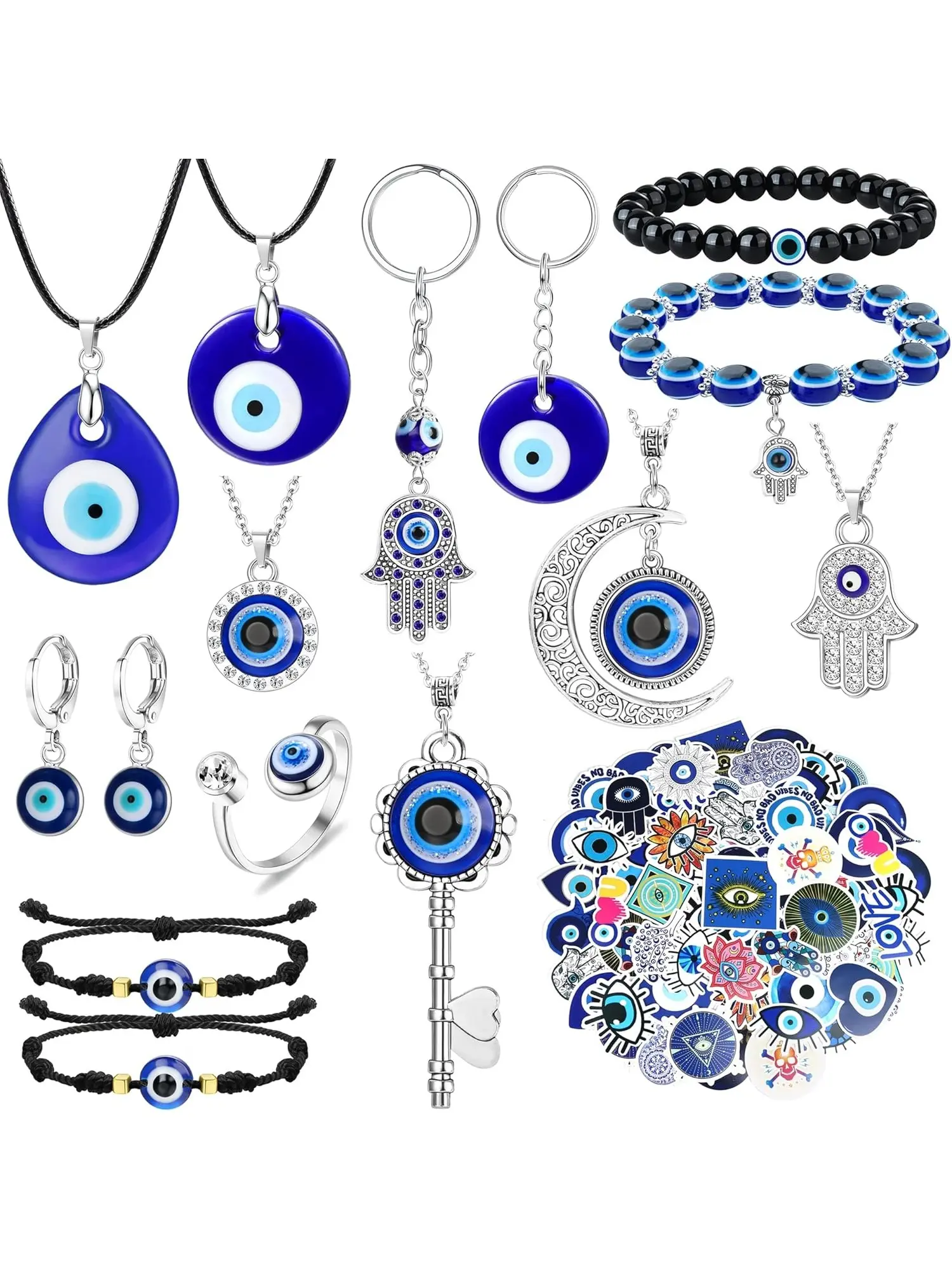15Pcs Evil Eye Necklace for Women Men Bracelets Earring Ring Keychain Hamsa Hand Pendant Turkish Jewelry Gift Set, Jewellery Gift Set with 50Pcs Evil Eye Stickers for Christmas & Daily Wear Women's Accessories