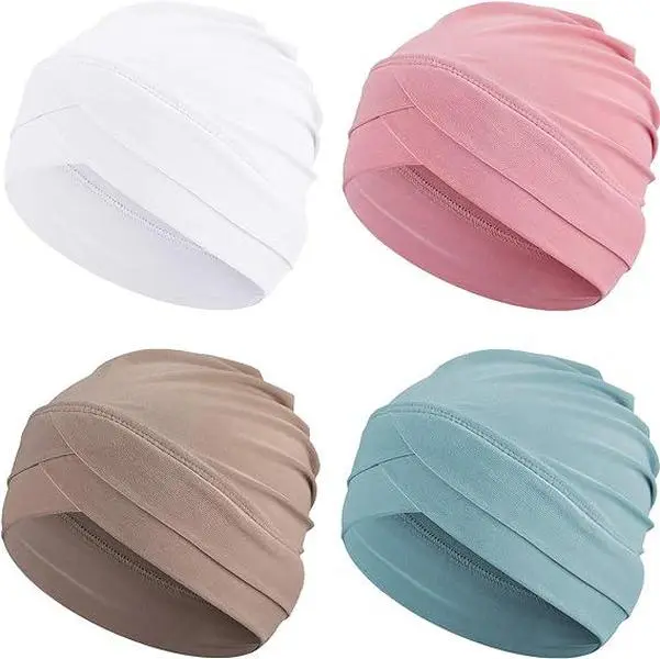 4 PCS Women Chemo Headwear Cancer Patient Head Covering Soft Pleated Stretchy Head Wrap Sleep Hat