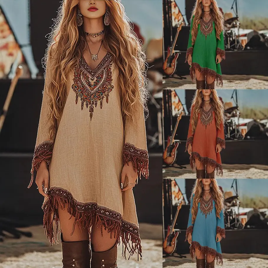 Women's loose printed dress with lace trim