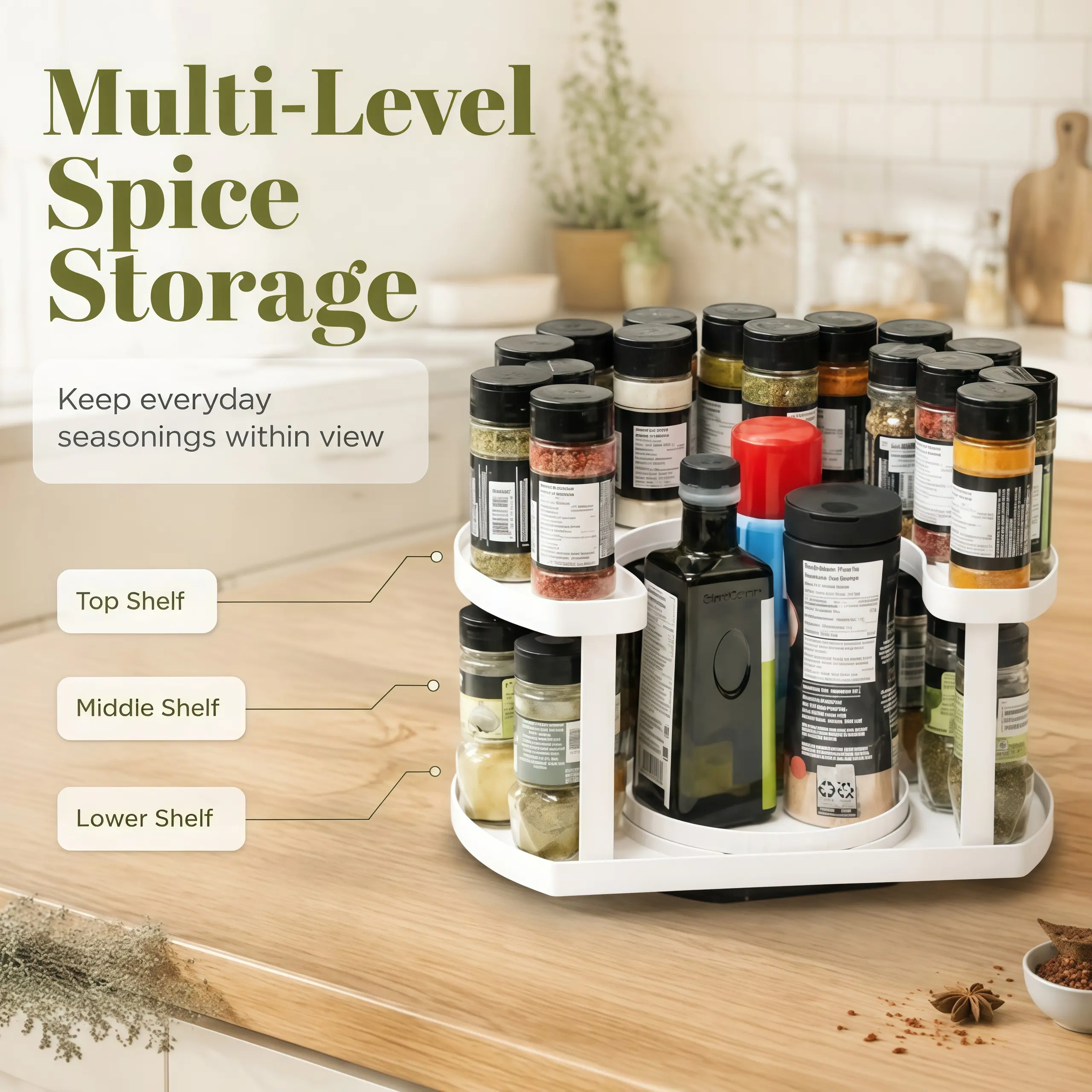 2 Tier Spice Rack Organizer, Rotating Spice Organizer with Dual Spin Turntable, Spice Bottle Holder for Kitchen Counter, Seasoning Storage Organizer, Space Saving Kitchen Storage Solution cabinet
