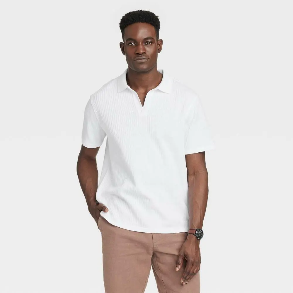 Goodfellow & Co Men's Regular Fit Short-Sleeve Cotton Classic Pullover Polo Shirt - Menswear Essential Top, Sporty Jacquard Knit Fabric, Collared, Below Waist, Side Vents, Paired with Jeans/Pants, Sporty Chic, Ideal for Sneakers Pairing (Size L, White)